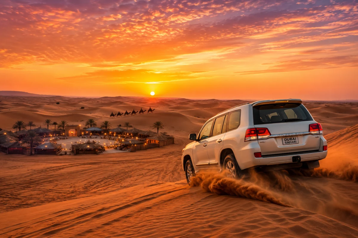 Dubai desert safari with 4x4 vehicle on golden sand dunes at sunset