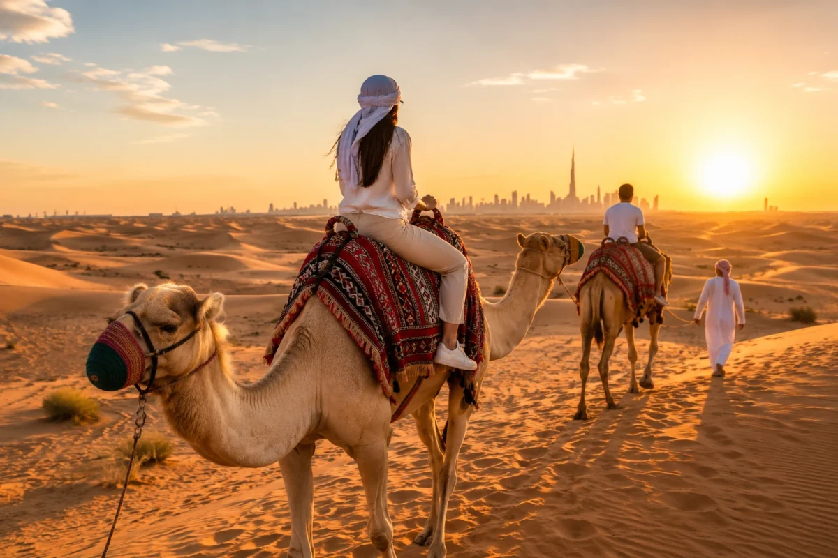 Camel Ride Dubai experience across golden desert dunes